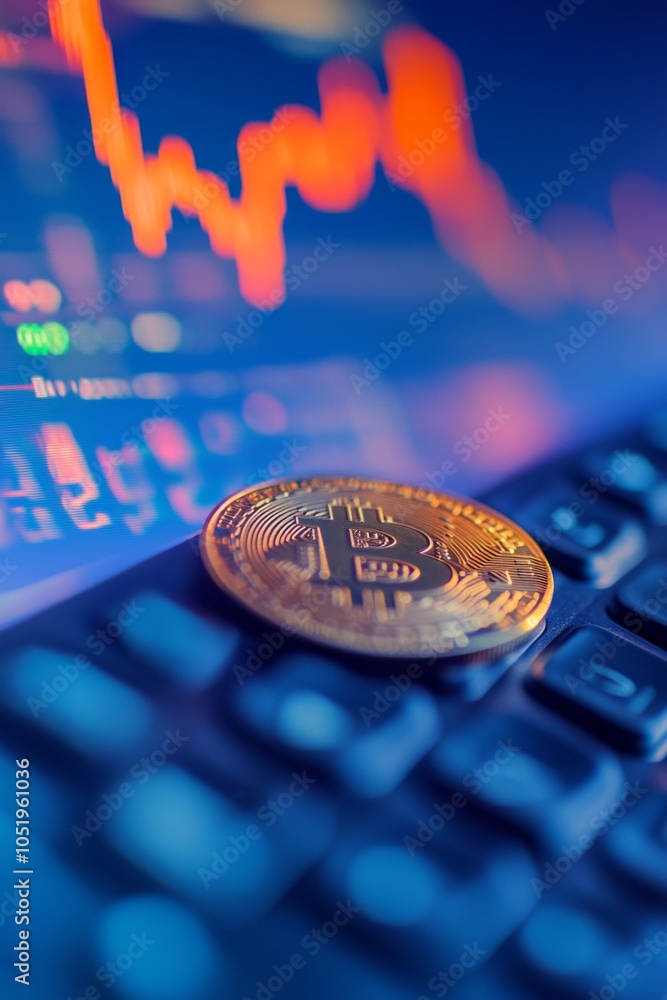 Poster close-up of a bitcoin on a keyboard with a stock market chart in the background, symbolizing cryptoc
