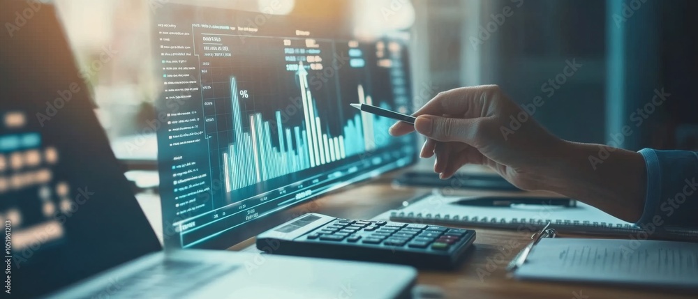 Poster close-up of a business analysts hand pointing at digital financial graphs on a computer screen, with