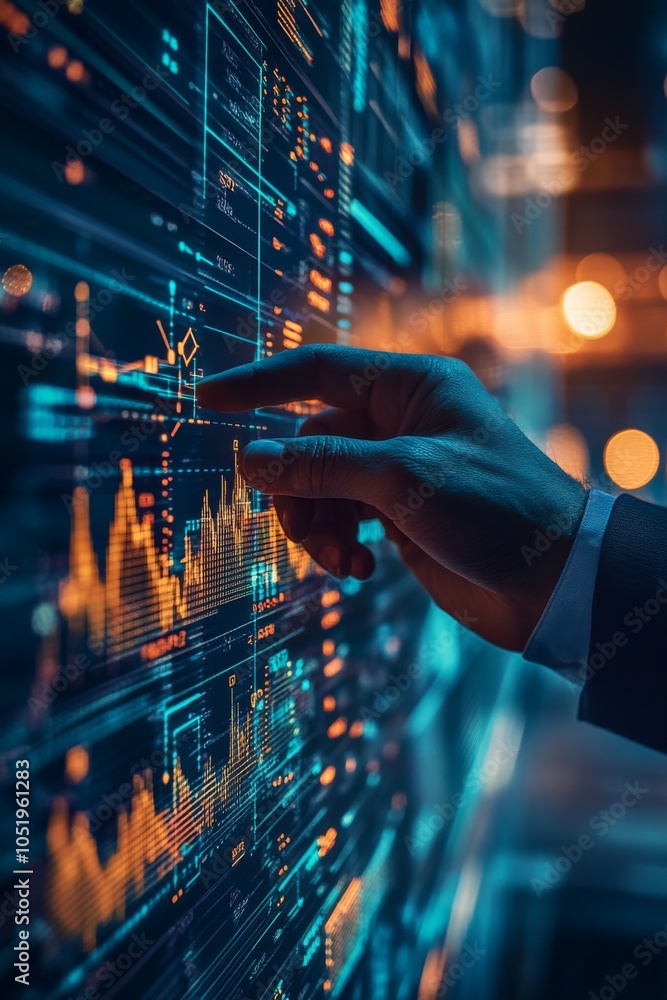 Poster close-up of a business professional analyzing digital financial data on a futuristic touchscreen int