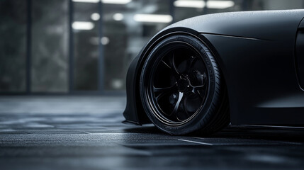 Sleek black sports car wheel with matte finish, showcasing its modern design and performance features in stylish indoor setting