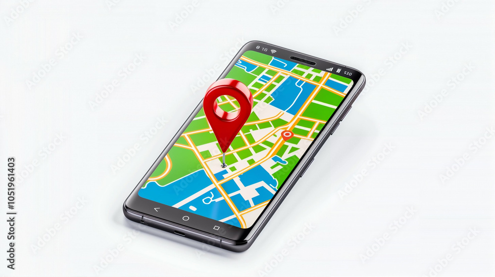 Poster smartphone displaying map with location pin for navigation and travel assistance