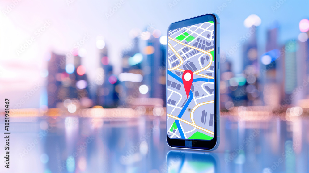 Poster smartphone with map location in cityscape environment showing navigation and travel technology