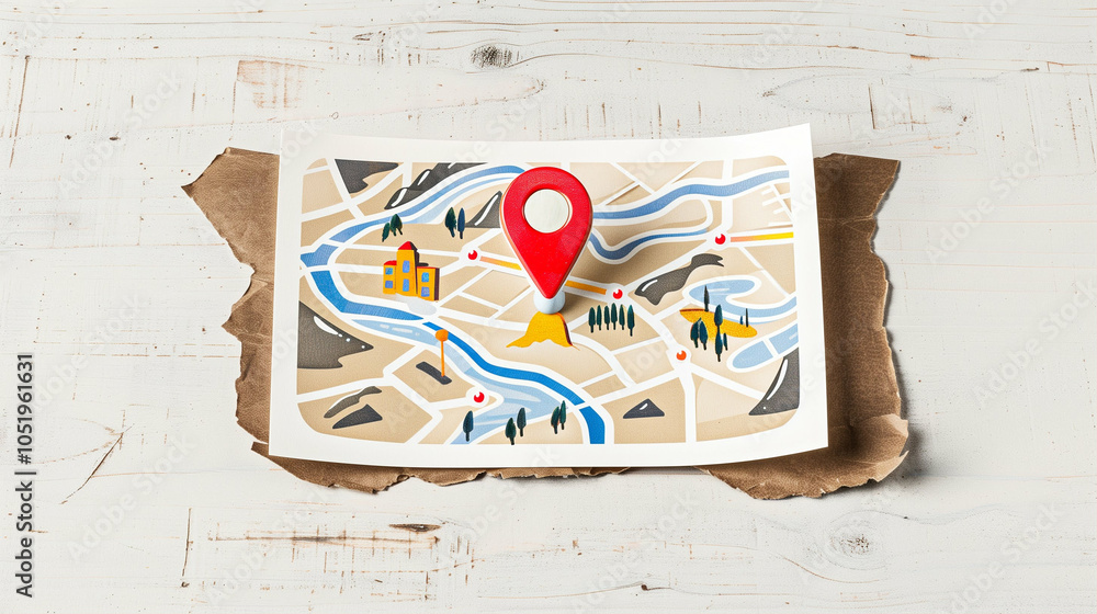 Poster map with location pin on travel map representing navigation and exploration