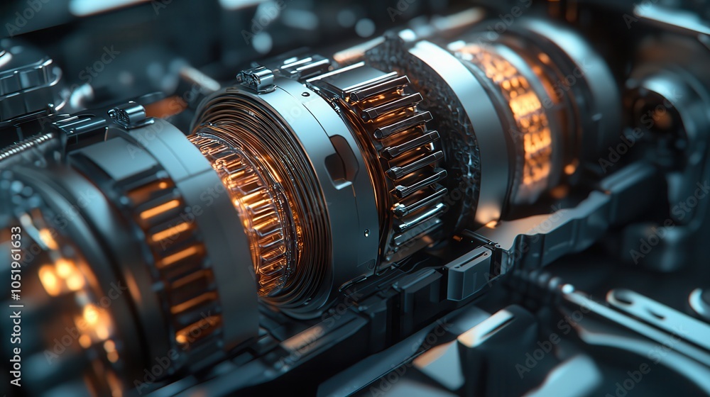 Poster a close-up of a complex mechanical engine component, featuring intricate details and glowing element