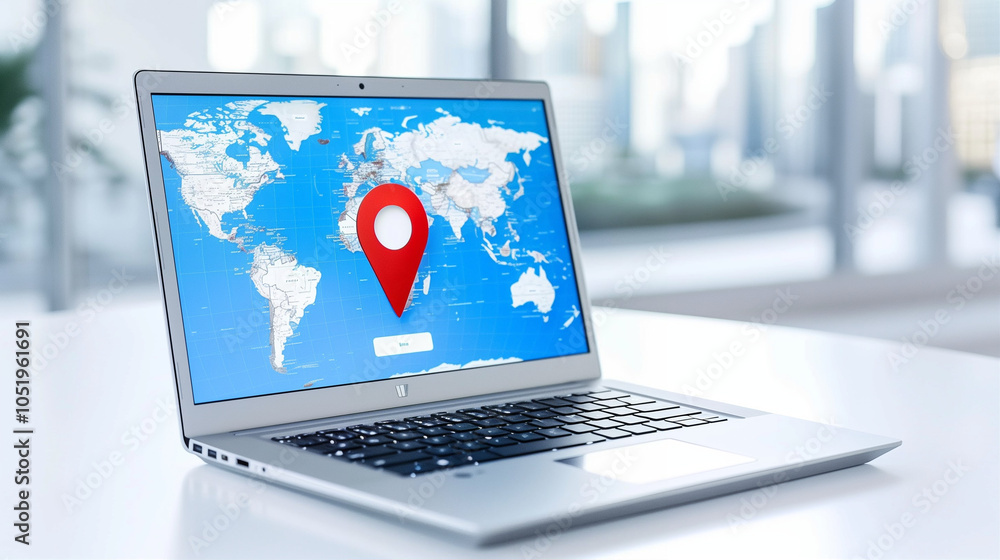 Poster laptop displaying map with location pin in modern office setting