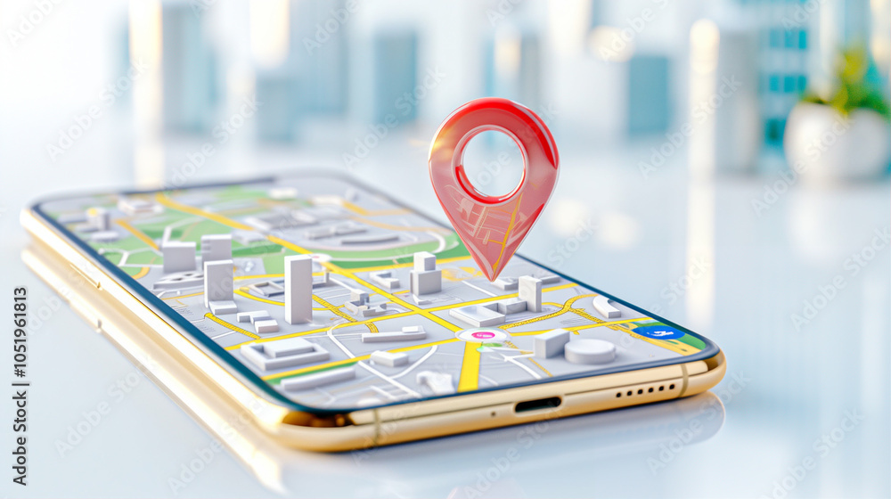 Poster smartphone with map showing location pin indicating travel navigation in modern urban environment
