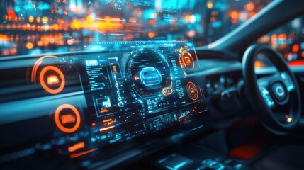 Obraz premium Abstract electronic car dashboard interface hologram on blurry blue background. Automobile, charging and futuristic technology concept. 3D Rendering