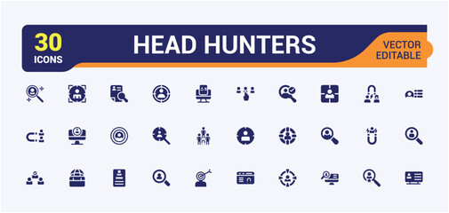 Headhunting icon set. Featuring resource, corporate, cooperation, manpower, join, headhunting, hired, hire. Minimalistic web and UI icons.