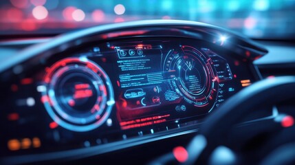 Abstract electronic car dashboard interface hologram on blurry blue background. Automobile, charging and futuristic technology concept. 3D Rendering