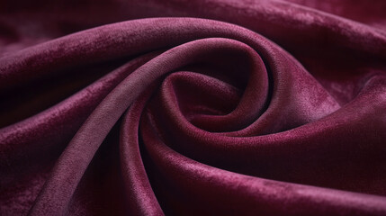 Fototapeta premium Luxurious burgundy velvet fabric with soft, smooth texture, elegantly draped in spiral formation, showcasing its rich color and sheen. Perfect for upholstery or fashion design