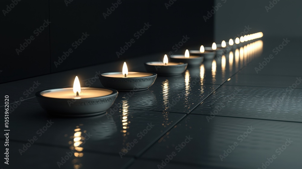 Poster row of lit diyas casts warm light patterns on reflective tiled surface, creating serene and peaceful