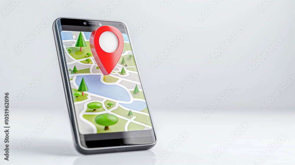 Poster smartphone with map application displaying location pin on screen for navigation and travel planning