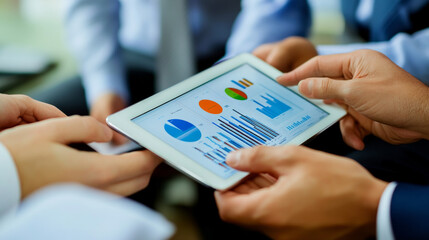 Team collaboratively reviewing financial reports on a tablet during a meeting in a modern office setting