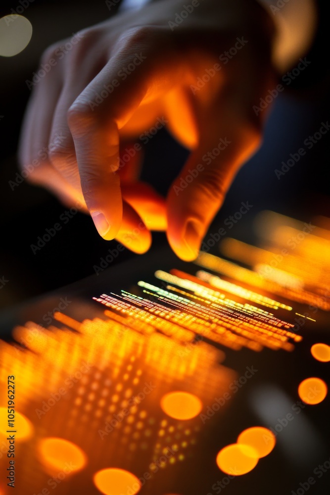 Poster close-up of a hand interacting with a glowing digital interface, showcasing vibrant data visualizati