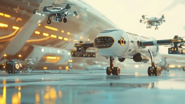A futuristic airport where autonomous drones and AI-powered robots handle global logistics and transport