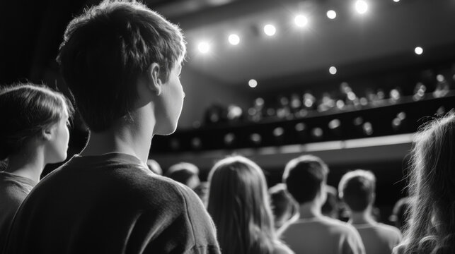 Young musicians practicing in a music school auditorium with stage lights illuminating their performance