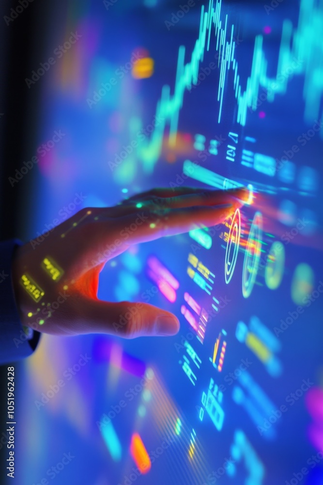 Poster close-up of a hand interacting with a vibrant digital stock market display, showcasing colorful data