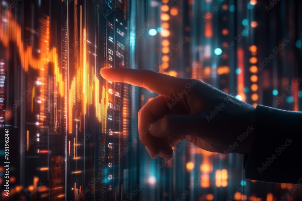 Poster close-up of a hand interacting with an abstract digital interface displaying vibrant financial data 