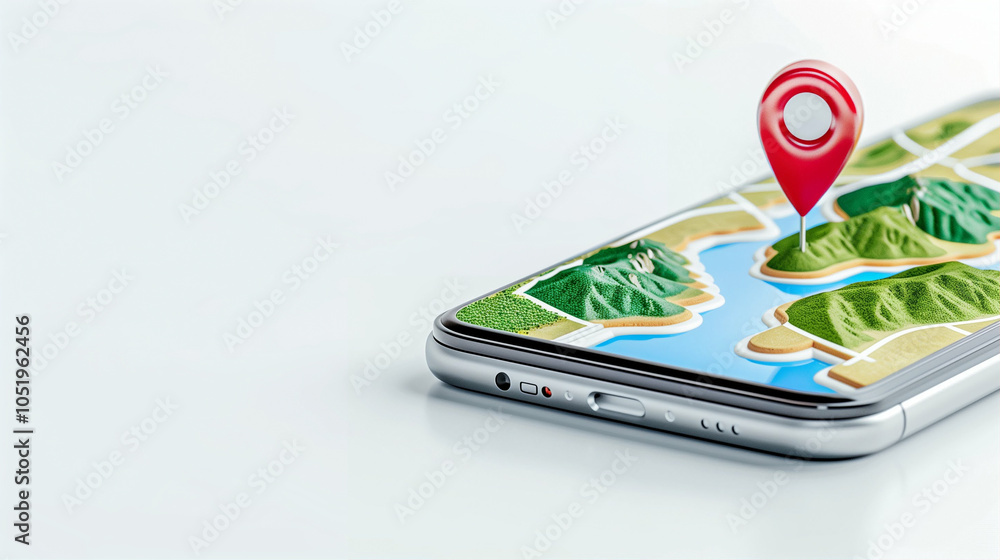 Poster smartphone displaying map with location pin navigation in modern design