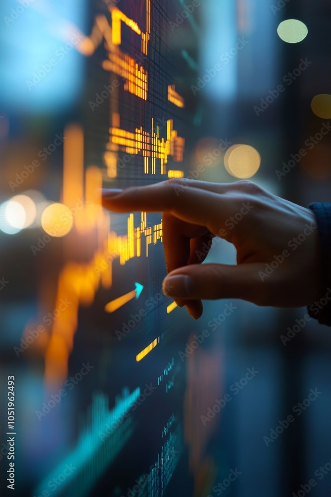 Poster close-up of a hand pointing at digital stock market graphs and data displays, illustrating financial