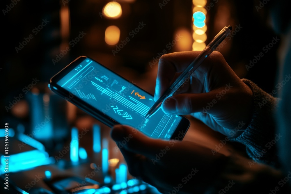 Poster close-up of a hand using a smartphone with a stylus, showcasing digital interface and glowing blue l