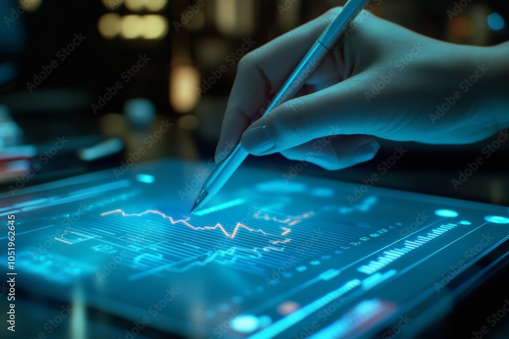 Poster close-up of a hand using a stylus on a digital tablet to analyze financial data, with glowing graphs