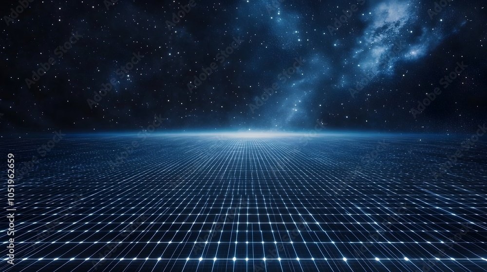 Poster floating cosmic grid in vast interstellar space with glowing lines and stars