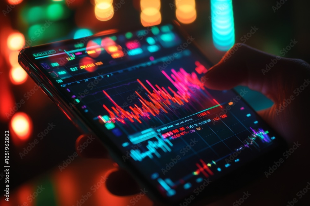 Poster close-up of a hand using smartphone to analyze colorful stock market data and graphs against a blurr