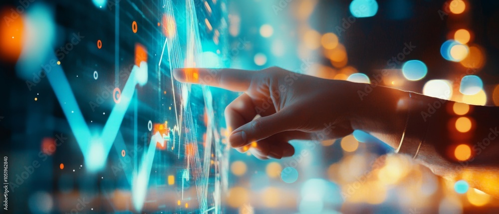 Poster close-up of a human hand pointing at digital financial data on a touchscreen, with glowing graphs an