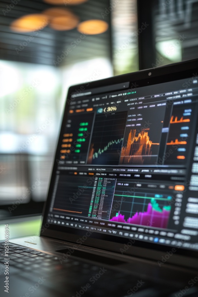 Poster close-up of a laptop displaying dynamic stock market graphs and data analytics, set in a modern offi