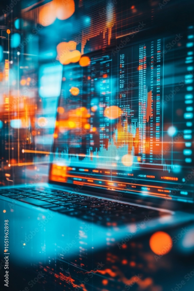 Poster close-up of a laptop displaying a vibrant financial data visualization with abstract digital effects