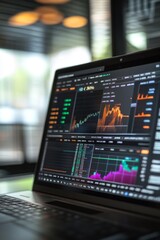 Fototapeta premium Close-up of a laptop displaying dynamic stock market graphs and data analytics, set in a modern office environment with soft ambient lighting.