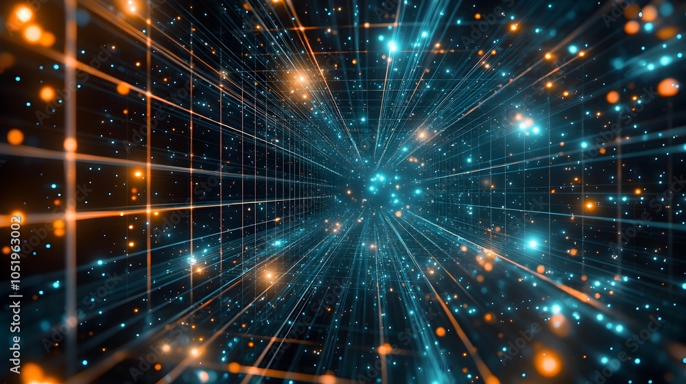 Poster floating perspective grid against deep black cosmic background with glowing lines and stars