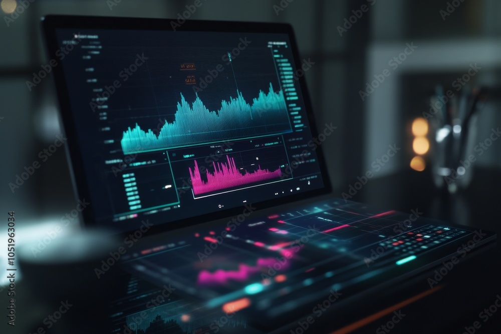 Poster close-up of a laptop displaying vibrant financial graphs and analytics in a dimly lit office, showca