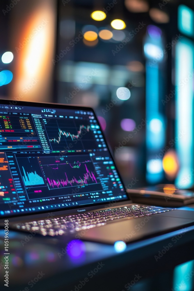 Poster close-up of a modern laptop displaying dynamic stock market charts and data analytics in a vibrant, 