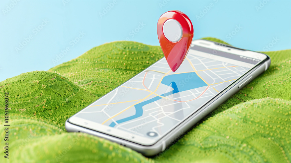Poster smartphone displaying map with location marker on vibrant landscape
