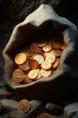 Bag Of Golden Lucky Coins On Black