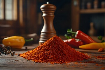 Red Chili Powder Spice Heap on Rustic Wooden Table