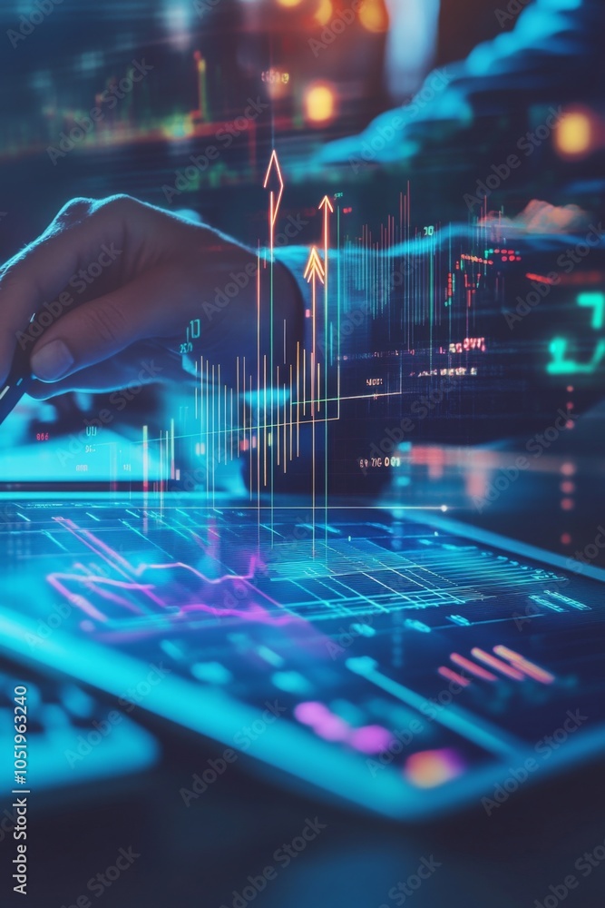 Poster close-up of a professional using a tablet for financial analysis, featuring dynamic stock market gra
