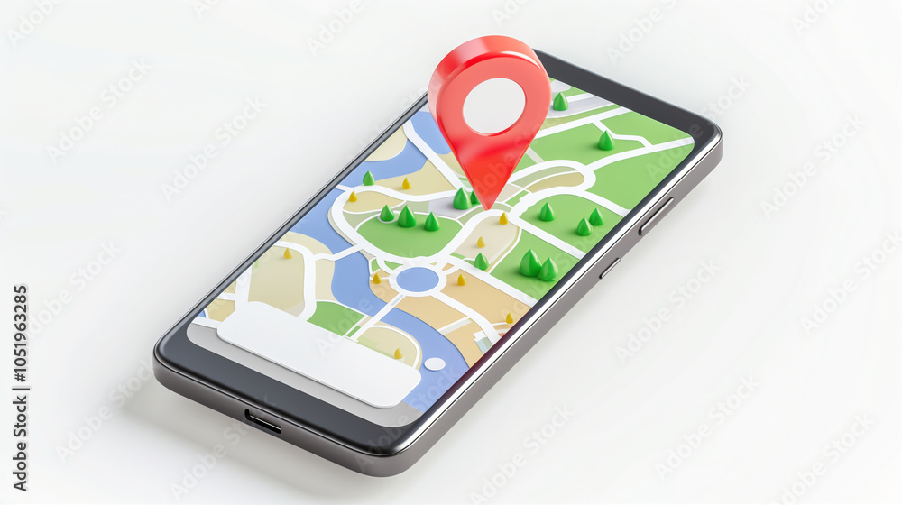 Poster smartphone with map displaying location pin for navigation and travel planning