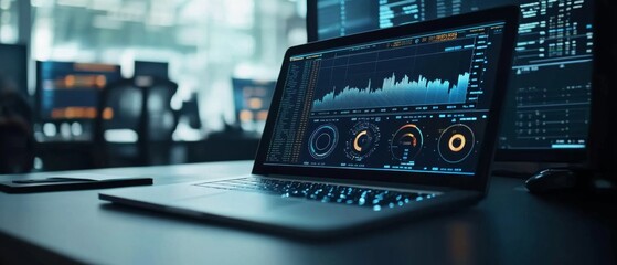 Close-up of a sleek laptop displaying dynamic data analytics on a dark workstation, surrounded by multiple screens and a futuristic tech atmosphere.