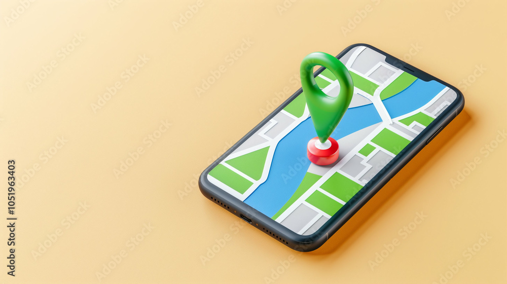 Poster smartphone with map showing navigation pin on display for travel and orientation