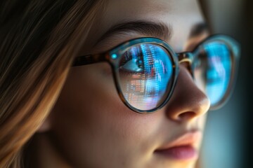 Close-up of a young woman with stylish glasses, reflecting digital data on her lenses, showcasing technology, focus, and modern work environment.