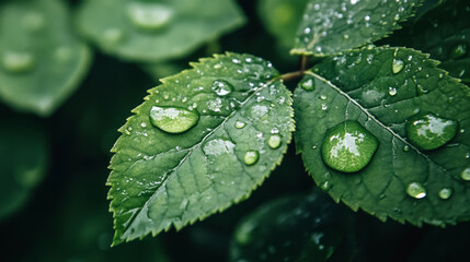 Raindrops glisten on fresh green leaves, showcasing nature’s beauty after a gentle rain shower in the early morning sunlight