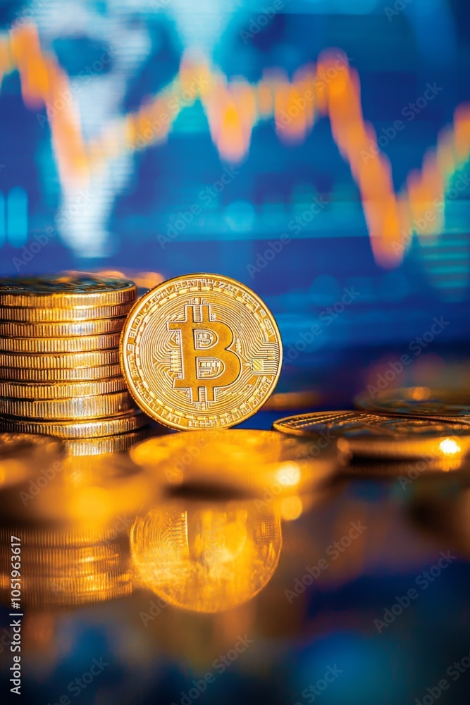 Poster close-up of bitcoin coins stacked with a digital financial graph background illustrating cryptocurre
