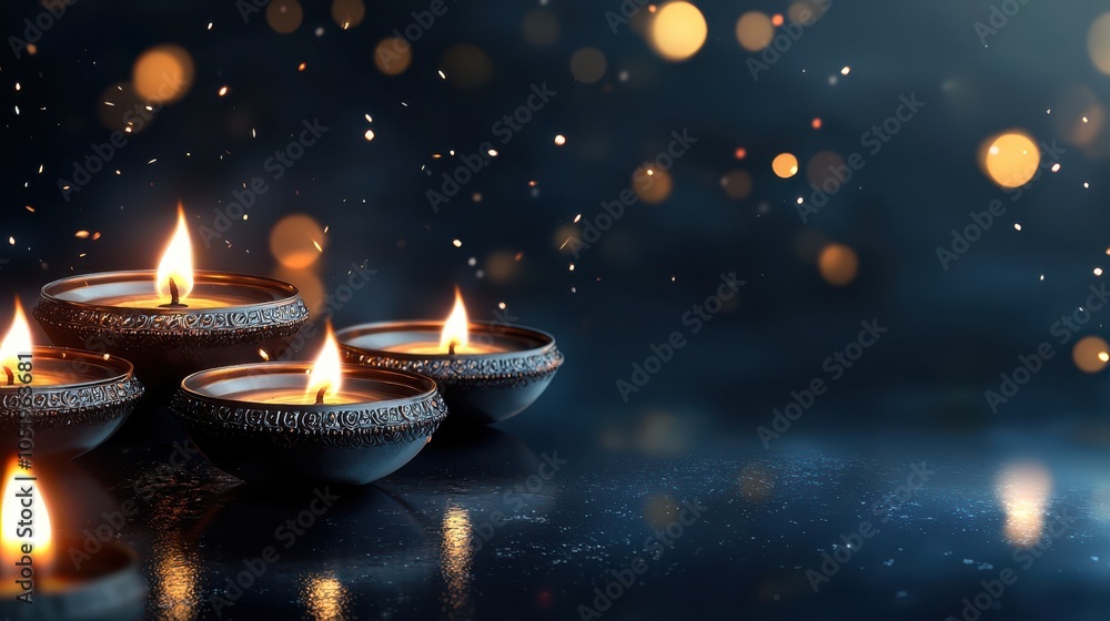 Poster bright diyas illuminate dark background, creating festive and serene atmosphere with sparkling bokeh