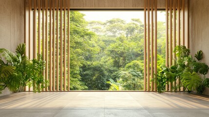 Modern Minimalist Wooden Balcony Overlooking the Forest. AI generated illustration
