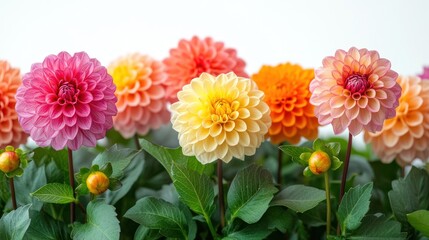 Vibrant dahlias in various colors blooming in a garden setting.