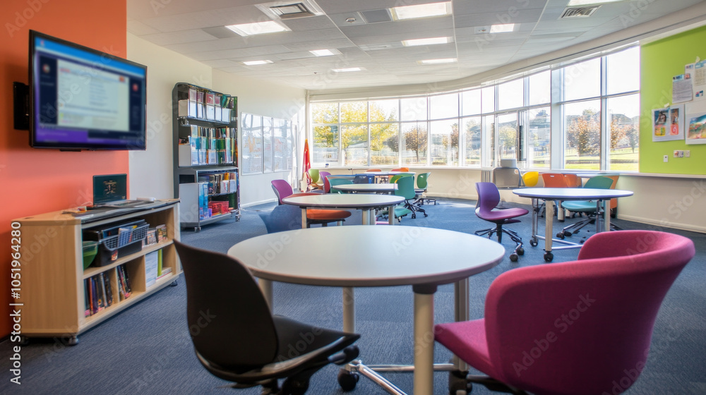 Poster a modern classroom designed for collaborative learning with circular tables and colorful chairs duri