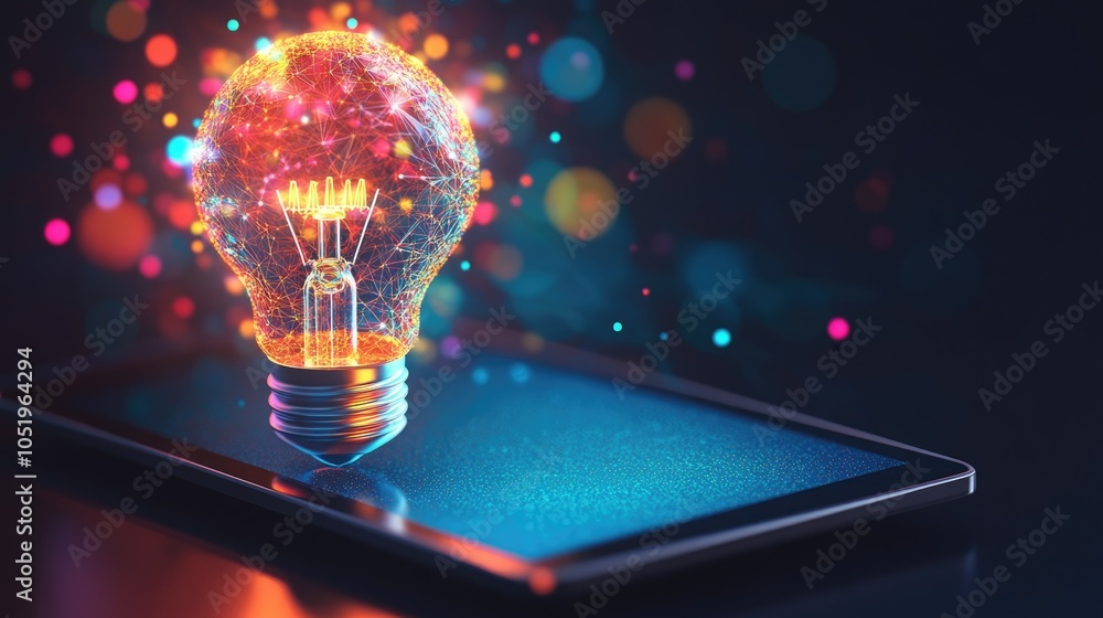 Poster light bulb icon with a pixel design alongside a tablet device